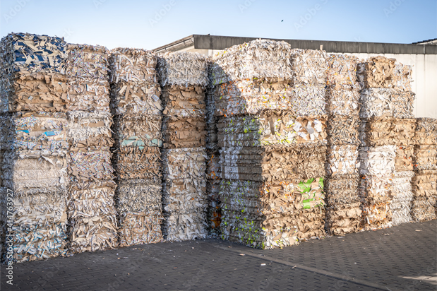 Stacks of bailed cardboard outside